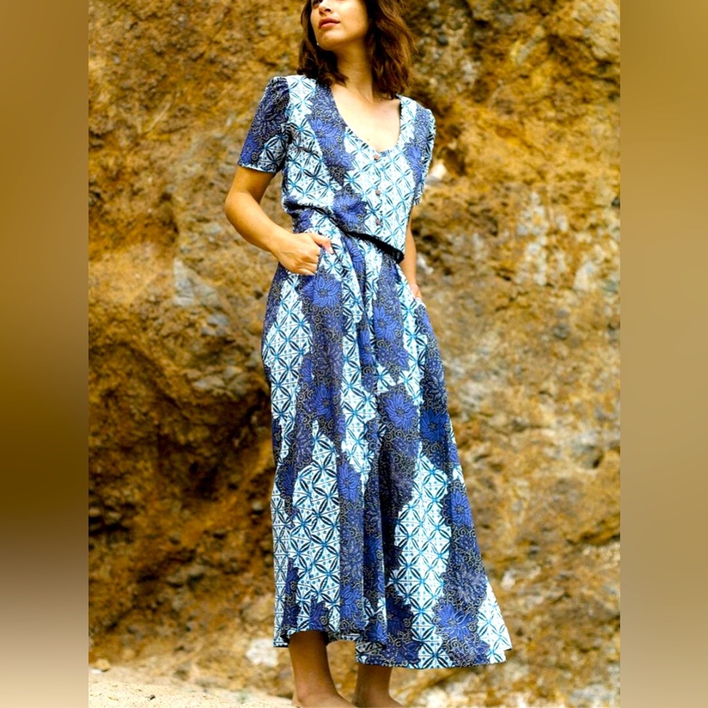 Bel Kazan Avery two-piece dress. Deep blue batik print. New without tags.
